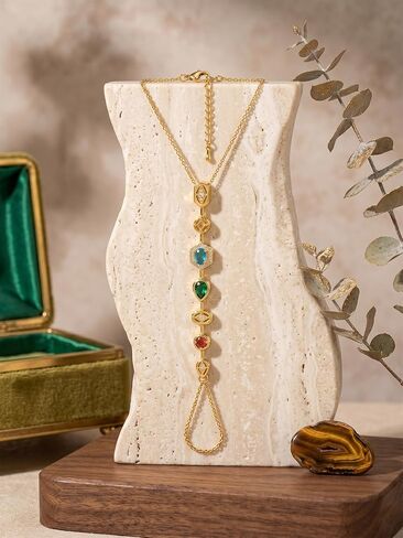 MODRSA Gold Hand Chain Bracelets for Women Dainty Gold Ring Bracelet Hand Chain Link Chains Colorful Cubic Zircon Bracelet Jewelry Gorgeous Trendy Gift for Mother Wedding Vacation Party Accessories in Kuwait