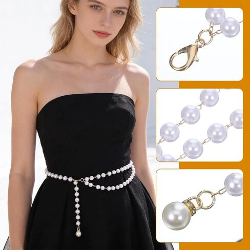 Pearl Belts for Women, Gold Adjustable Pearl Waist Chain Fashion Pearlescent Body Chain Belt Trendy Plus Size Chains Belts for Women Dresses Jeans Summer Beach Body Jewelry in Saudi Arabia