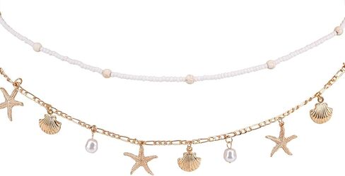 2pcs Gold-Colored Starfish Waist Chain Set for Women, Adjustable Zinc Alloy Seashell Pearl Beaded Body Chains Bikini Belly Jewelry Beach Summer Vacation Belt Sea Shell Ocean Bead Accessories in Kuwait