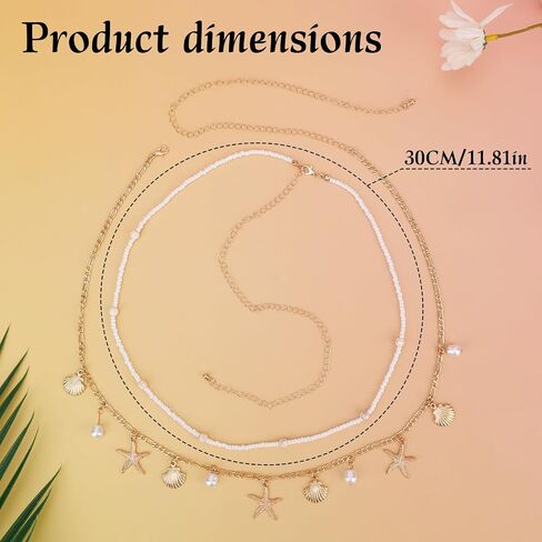 2pcs Gold-Colored Starfish Waist Chain Set for Women, Adjustable Zinc Alloy Seashell Pearl Beaded Body Chains Bikini Belly Jewelry Beach Summer Vacation Belt Sea Shell Ocean Bead Accessories in Kuwait