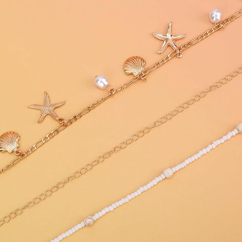 2pcs Gold-Colored Starfish Waist Chain Set for Women, Adjustable Zinc Alloy Seashell Pearl Beaded Body Chains Bikini Belly Jewelry Beach Summer Vacation Belt Sea Shell Ocean Bead Accessories in Kuwait