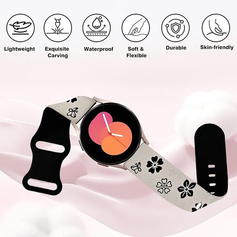 سوار منقوش بالزهور 20 مم لـ Garmin Forerunner 165/165 Music/55/، Vivoactive 5/6 للنساء، حزام رياضي من السيليكون الناعم ذو اللونين اللطيف لـ Garmin Venu/Sq/Sq 2 لساعة Samsung Galaxy Watch 7/6 in Kuwait