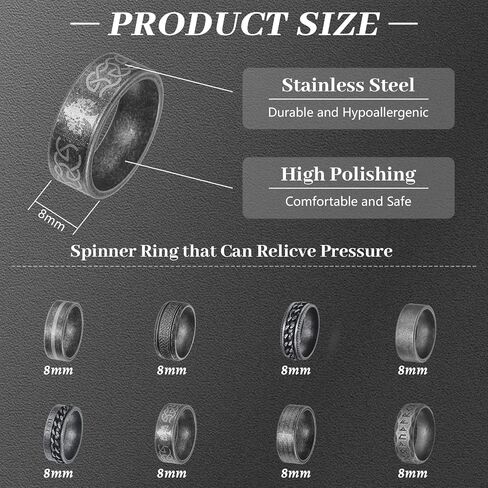 8pcs Rings for Men Celtic Knot Viking Signet Stainless Steel Anxiety Spinner Chain, Band Ring Biker Thumb Vintage Retro Gothic Party in Saudi Arabia