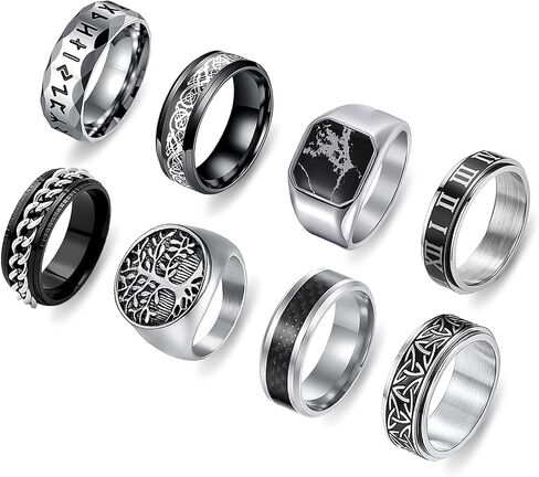 8pcs Rings for Men Celtic Knot Viking Signet Stainless Steel Anxiety Spinner Chain, Band Ring Biker Thumb Vintage Retro Gothic Party in Saudi Arabia