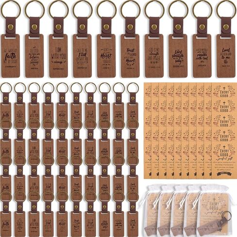 Suncalla 50 Sets Christian Wooden Leather Keychain Inspirational Square Keychain with Bible Verse Gift Card Organza Bag Religious Faith Inspired Gifts for Men Women Office School Graduation Church in Kuwait