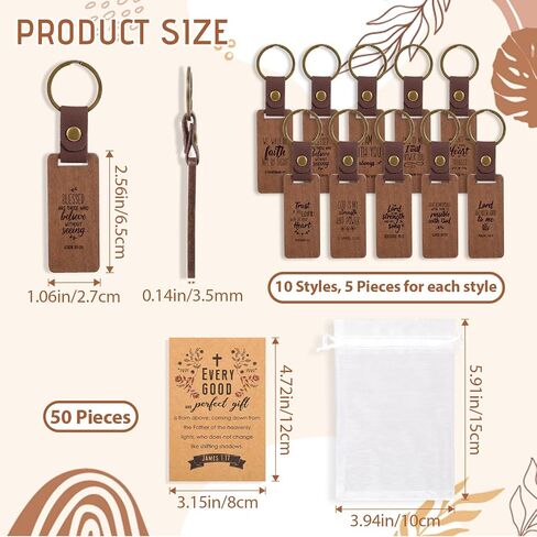 Suncalla 50 Sets Christian Wooden Leather Keychain Inspirational Square Keychain with Bible Verse Gift Card Organza Bag Religious Faith Inspired Gifts for Men Women Office School Graduation Church in Kuwait