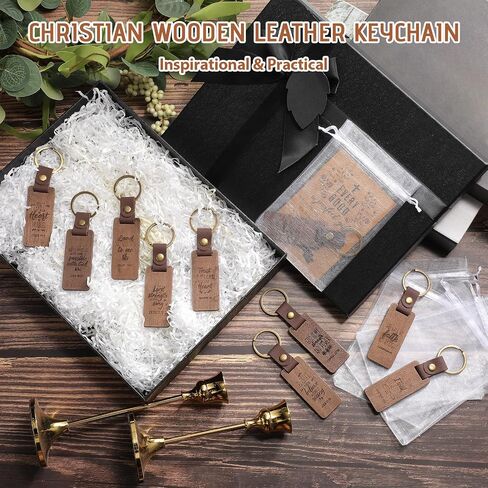 Suncalla 50 Sets Christian Wooden Leather Keychain Inspirational Square Keychain with Bible Verse Gift Card Organza Bag Religious Faith Inspired Gifts for Men Women Office School Graduation Church in Kuwait