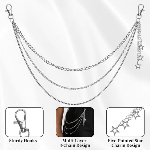 Metal Star 3-Strand Jean Chain Belt Chunky Pocket Belt Chain Vintage Hip Hop Wallet Key Chains Goth Punk Trousers Pants Chains Accessories for Men and Women in Saudi Arabia