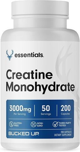 Bucked Up Essentials Creatine Monohydrate 3000mg | Micronized Creatine | Non GMO Gluten Free Third Party Tested | Daily Creatine Supplement Capsules (200 Capsules, 50 Servings) in Saudi Arabia
