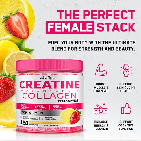 Creatine for Women, 5000mg Complex with Collagen & BCAAs, Vitamin B12, Creatine Monohydrate Gummies for Women, for Lean Muscles, Booty, Focus & Energy, Pre-Workout Chewbles, Sugar-Free, 120 Count in Saudi Arabia