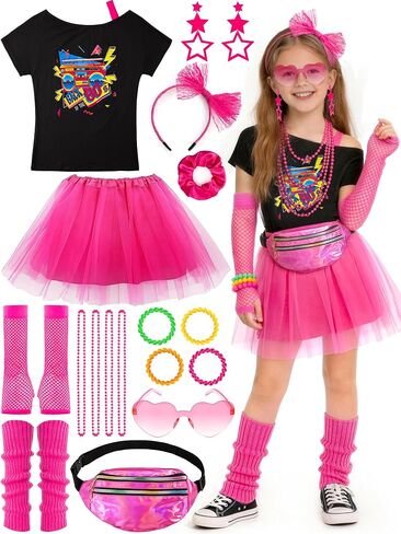 20 Pieces 80s Outfit for Girls Kids Halloween Costume Acessories Set 1980s Theme Retro Party in Saudi Arabia