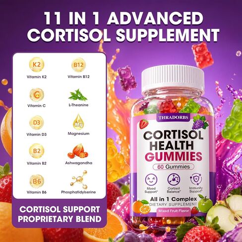 Cortisol Supplements for Women & Men, Cortisol Reducer Gummies with Magnesium Ashwagandha & L-Theanine, Cortisol Manager for Sleep Support & Stress Relief, Mood Balance, Cortisol Detox, 60 Count in Saudi Arabia