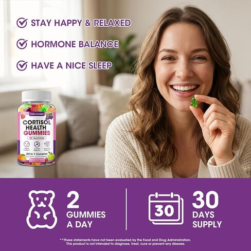 Cortisol Supplements for Women & Men, Cortisol Reducer Gummies with Magnesium Ashwagandha & L-Theanine, Cortisol Manager for Sleep Support & Stress Relief, Mood Balance, Cortisol Detox, 60 Count in Saudi Arabia