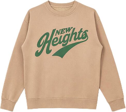 New Heights with Jason & Travis Kelce Script Logo Crewneck Sweatshirt, Bold Chest Graphic, Unisex Fleece Pullover, Tan in Saudi Arabia