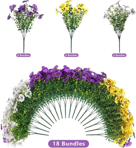 18 Pcs Artificial Flowers for Outdoors, UV Resistant Faux Silk Pansy Flowers, Spring Summer Outdoor Fake Flowers Plants for Front Porch Yard Patio Planter Garden Decor (Purple, Yellow, White) in Saudi Arabia