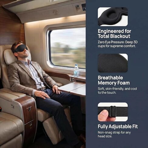 3D Contoured Sleep Mask, Soft Breathable Eye Mask for Sleeping, Light Blocking Blindfold with Adjustable Strap, Comfortable Night Eye Cover for Travel, Nap, Night Shift (1 Black) in Kuwait