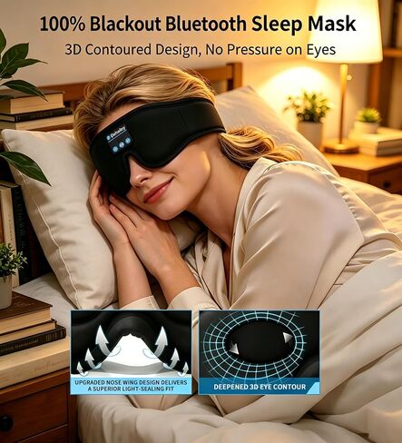 Sleep Mask with Bluetooth Headphones, 100% Light Blocking Sleep Headphones for Side Sleepers Men Women, Eye Mask with Thin Stereo Speakers, Soft Eye Cover for Travel Gift (Plus Size) in Saudi Arabia