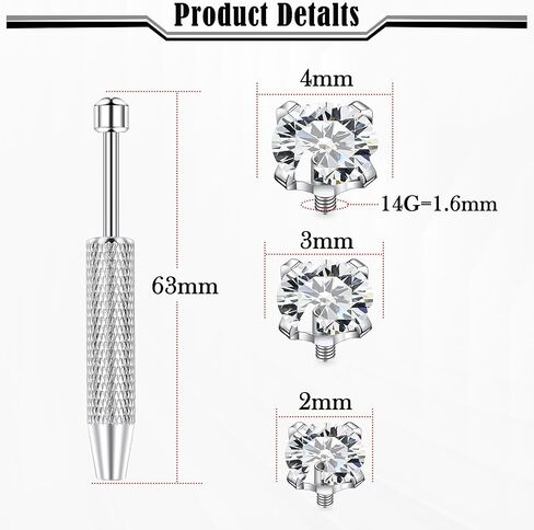 14G CZ Dermal Tops 316L Surgical Steel Internally Threaded Cubic Zirconia Silver Dermal Anchor Tops Dermal Piercing Dermal Kit Piercing Jewelry CZ Size 2mm 3mm 4mm in Kuwait