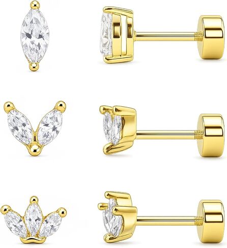 3 Pairs 20G Flat Back Earrings, G23 Titanium Hypoallergenic CZ Studs, 14K Gold Cartilage Helix Tragus Conch Piercing Jewelry for Women in Saudi Arabia