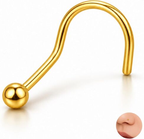 Implant Grade Titanium Nose S Stud 20G (0.8mm) – ASTM F-136 Corkscrew, Smooth Ball 1.5mm or 2mm, Hypoallergenic Jewelry, Polished Titanium or Gold PVD – 1 Piece for Women Men in Kuwait