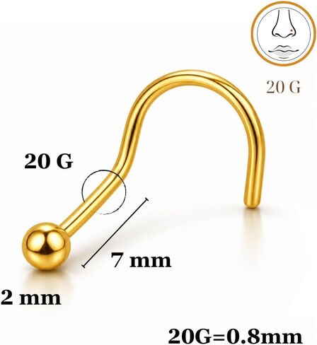 Implant Grade Titanium Nose S Stud 20G (0.8mm) – ASTM F-136 Corkscrew, Smooth Ball 1.5mm or 2mm, Hypoallergenic Jewelry, Polished Titanium or Gold PVD – 1 Piece for Women Men in Kuwait