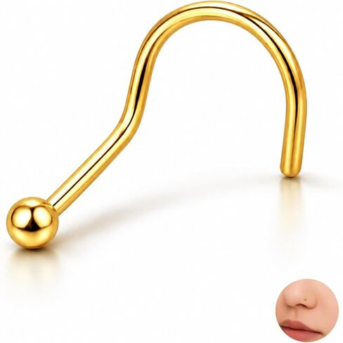 Implant Grade Titanium Nose S Stud 20G (0.8mm) – ASTM F-136 Corkscrew, Smooth Ball 1.5mm or 2mm, Hypoallergenic Jewelry, Polished Titanium or Gold PVD – 1 Piece for Women Men in Kuwait