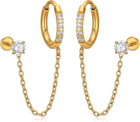 1 Pair ASTM F136 Titanium Double Piercing Dangle Earrings, Cubic Zirconia Dainty Chain Earrings for Helix Conch Earlobe in Saudi Arabia