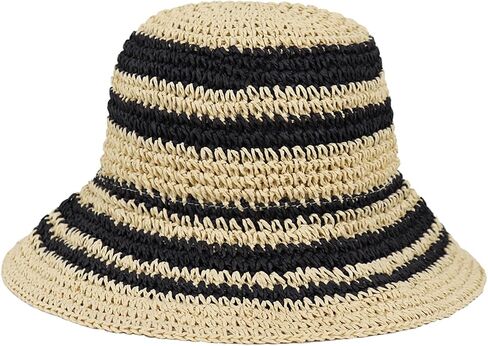 Women Hand-Woven Sun Hat UV Protection Crochet Straw Wide Brim Beach Hat Summer Foldable Bucket Hat Beige/Black in Saudi Arabia