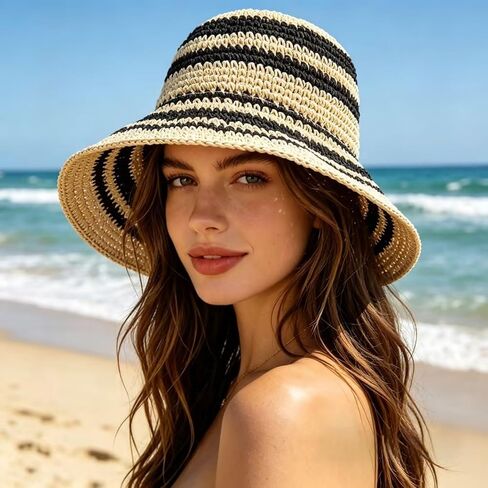 Women Hand-Woven Sun Hat UV Protection Crochet Straw Wide Brim Beach Hat Summer Foldable Bucket Hat Beige/Black in Saudi Arabia