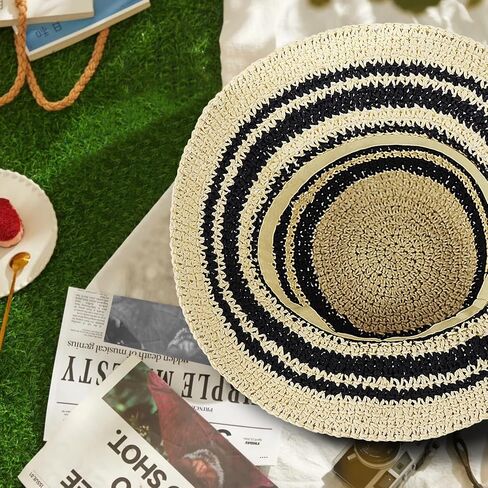 Women Hand-Woven Sun Hat UV Protection Crochet Straw Wide Brim Beach Hat Summer Foldable Bucket Hat Beige/Black in Saudi Arabia
