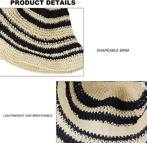 Women Hand-Woven Sun Hat UV Protection Crochet Straw Wide Brim Beach Hat Summer Foldable Bucket Hat Beige/Black in Saudi Arabia