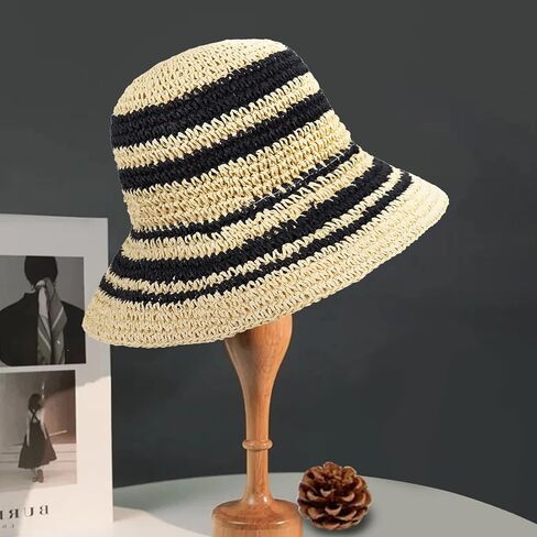 Women Hand-Woven Sun Hat UV Protection Crochet Straw Wide Brim Beach Hat Summer Foldable Bucket Hat Beige/Black in Saudi Arabia
