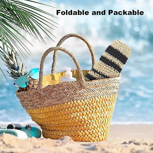 Women Hand-Woven Sun Hat UV Protection Crochet Straw Wide Brim Beach Hat Summer Foldable Bucket Hat Beige/Black in Saudi Arabia