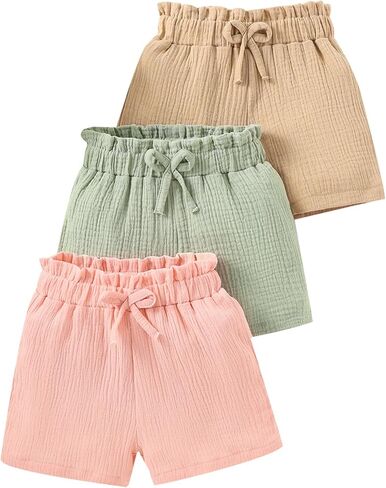 Yvowming 3 Pack Girls Shorts Pants Casual Linen Cotton Shorts for Toddler Girls Kids Summer Clothes (Ages 4-12) in Kuwait