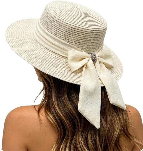 Womens Straw-Boater-Summer-Sun-Hat Flat-Top Wide-Brim Panama-Hats Fedora Summer Beach Sun Cap for Men Women(Size:Large) in Kuwait