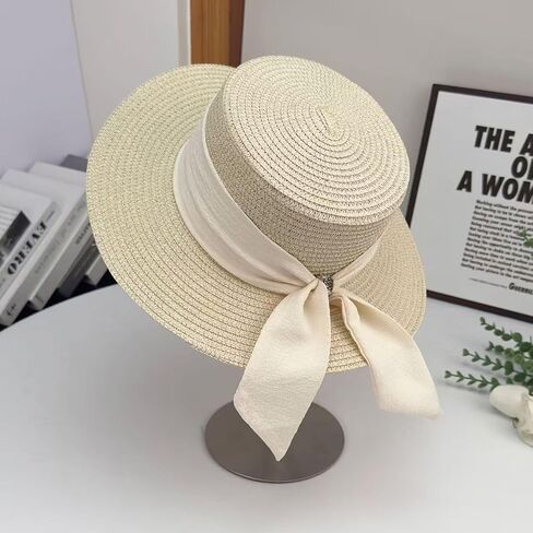 Womens Straw-Boater-Summer-Sun-Hat Flat-Top Wide-Brim Panama-Hats Fedora Summer Beach Sun Cap for Men Women(Size:Large) in Kuwait