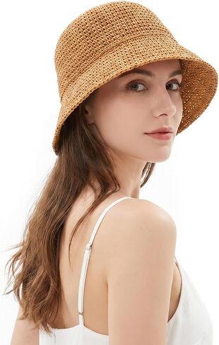 Avxdbr Womens Sun Hat Handmade Crochet Straw Bucket Hat Wide-Brimmed Foldable Travel Summer Beach Cap Green in Saudi Arabia