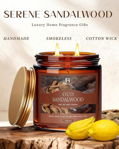 Oud & Sandalwood Scented Candle, 13 oz Soy Wax Candle with Cotton Wick, 76-Hour Clean Burning, Non-Toxic Woodsy Scent for Relaxation & Focus, Aromatherapy Candle, Housewarming Gift in Saudi Arabia