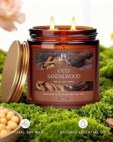 Oud & Sandalwood Scented Candle, 13 oz Soy Wax Candle with Cotton Wick, 76-Hour Clean Burning, Non-Toxic Woodsy Scent for Relaxation & Focus, Aromatherapy Candle, Housewarming Gift in Saudi Arabia