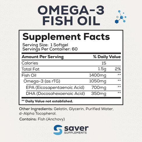 Omega 3 Fish Oil 1400 mg for Women & Men, 60 Softgels | Re-esterified Triglyceride Form (rTG), High EPA & DHA in Saudi Arabia