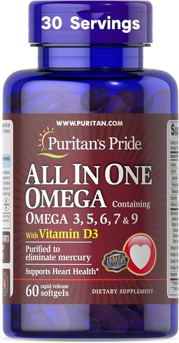 Puritan's Pride All In One With Omega 3, 5, 6, 7, 9 And Vitamin D3 Alaskan Salmon Oil, Dietary Supplement for Cardiovascular, Heart, and Circulation Support, 1 Month Supply, 60 Rapid Release Softgels in Kuwait