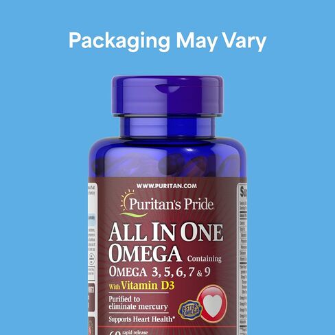 Puritan's Pride All In One With Omega 3, 5, 6, 7, 9 And Vitamin D3 Alaskan Salmon Oil, Dietary Supplement for Cardiovascular, Heart, and Circulation Support, 1 Month Supply, 60 Rapid Release Softgels in Kuwait