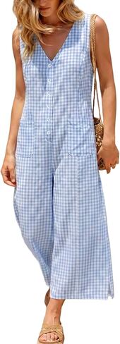 UANEO Women's Button Down Gingham Plaid Jumpsuit Casual Daily Sleeveless Wide Leg Romper Relaxed Summer Overall with Pockets in Kuwait
