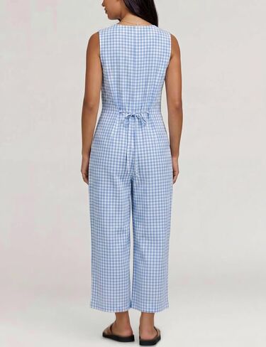 UANEO Women's Button Down Gingham Plaid Jumpsuit Casual Daily Sleeveless Wide Leg Romper Relaxed Summer Overall with Pockets in Kuwait