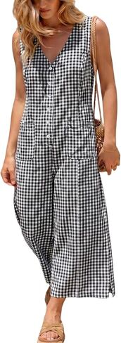 UANEO Women's Button Down Gingham Plaid Jumpsuit Casual Daily Sleeveless Wide Leg Romper Relaxed Summer Overall with Pockets in Kuwait