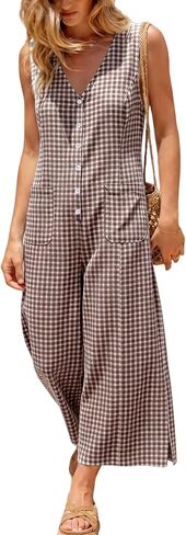 UANEO Women's Button Down Gingham Plaid Jumpsuit Casual Daily Sleeveless Wide Leg Romper Relaxed Summer Overall with Pockets in Kuwait