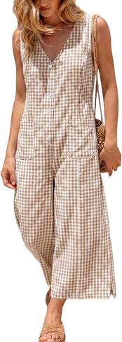 UANEO Women's Button Down Gingham Plaid Jumpsuit Casual Daily Sleeveless Wide Leg Romper Relaxed Summer Overall with Pockets in Kuwait
