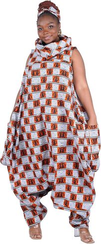 Satsuma African Dresses for Women – Ankara Jumpsuit with Headwrap,Cowl Neck,100% Cotton, Dashiki Romper W/Pockets Afrocentric in Saudi Arabia