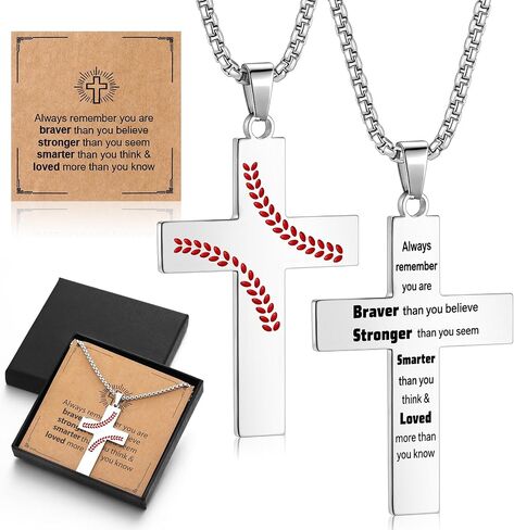 Kingdder Baseball Necklace for Teen Boys Inspirational Cross Shape Necklace with Ball Stitches Sports Jewelry Gift for Baseball Player Birthday Game Day in Kuwait