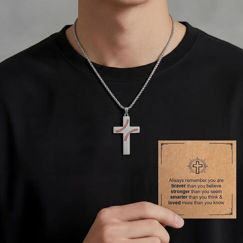 Kingdder Baseball Necklace for Teen Boys Inspirational Cross Shape Necklace with Ball Stitches Sports Jewelry Gift for Baseball Player Birthday Game Day in Kuwait